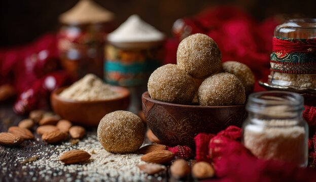 Traditional indian laddus with spherical shape and granulated textures in a rustic bowl, accompanied by dried nuts and spices