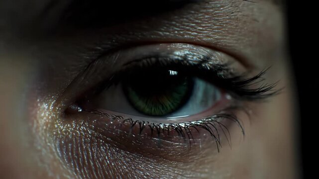 Woman opening eye in extreme close-up. Macro view of human eye revealing green iris and long eyelashes. Beauty, wellness and biological sight perception concept.