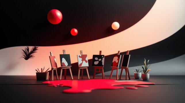 Abstract scene. Easels display varied paintings. Red spheres float above liquid pool. Minimalist plants flank composition. Dramatic lighting creates mood.