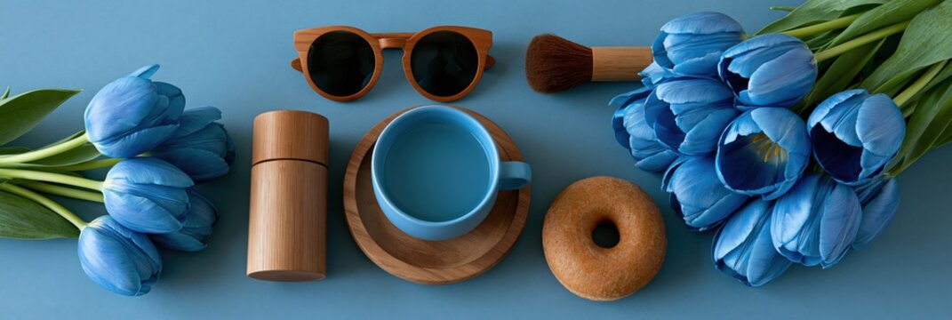 Blue tulip flatlay with coffee cup donut sunglasses and wooden accessories for spring table background and lifestyle banner