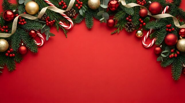 Christmas border with red background and decorations