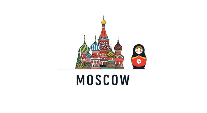 Colorful Moscow Illustration with Traditional Russian Matryoshka Doll.