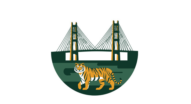 Illustrated tiger beneath stylized suspension bridge graphic.