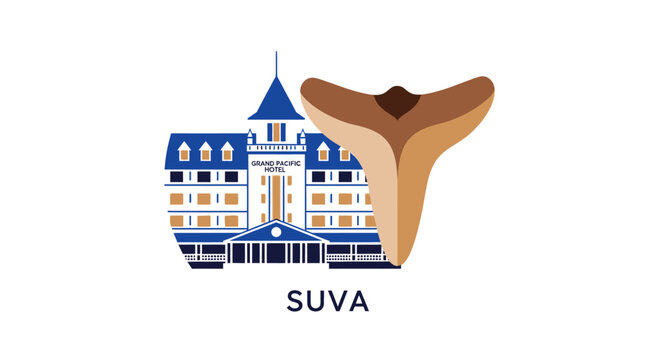 Illustrated Building and Whale Tail Suva Landmark Emblem.