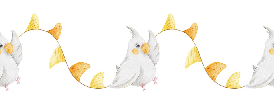 Corella parrot and bunting garland kids watercolor seamless border. Nursery endless horizontal background of cockatiel tropical bird for baby shower, wrapping paper, birthday party