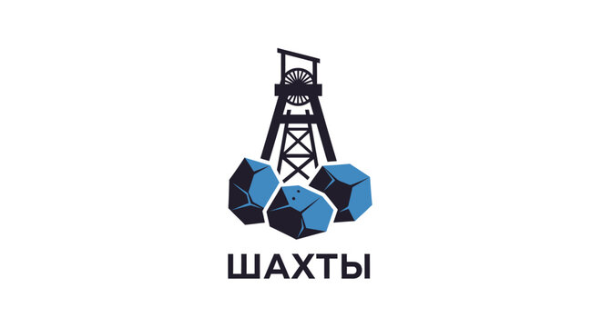 Illustration of mining headframe with coal and globe elements.