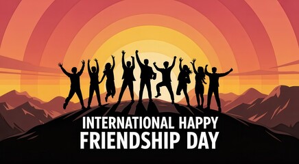 International happy friendship day celebration with group of friends jumping on mountain peak at sunset