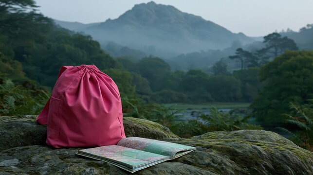 Pink drawstring backpack with map on mossy rock by a misty mountain lake for travel product background and outdoor adventure banner