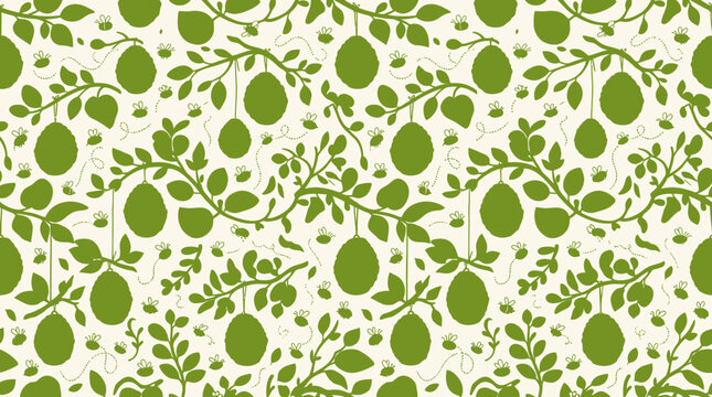 Simple bee hive seamless pattern, hanging hives, flying bees and leaves, flat vector natural illustration