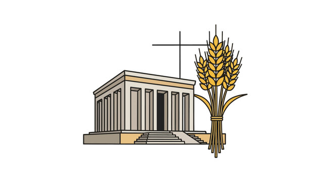 Neoclassical temple illustration with wheat and cross symbols.