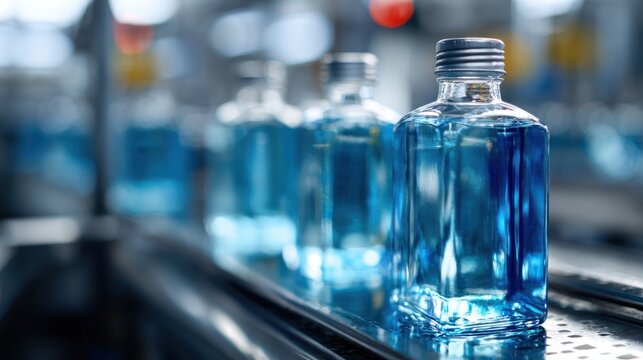 Transparent plastic water bottles filled with clear liquid, showing smooth rectangular shapes and reflective surfaces in a production or storage setting