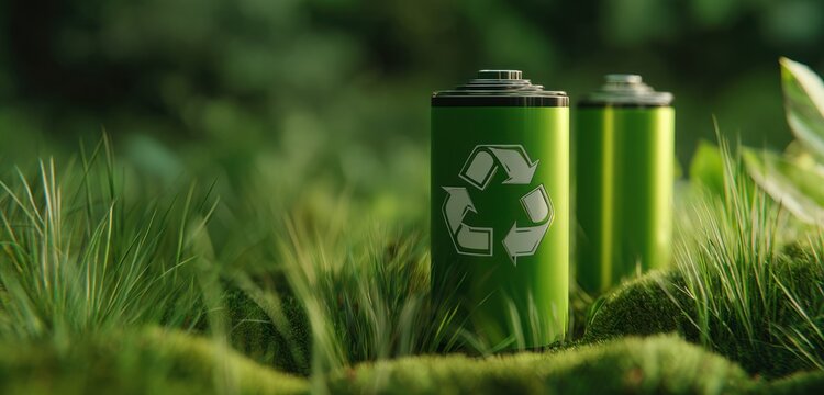 Two modern rechargeable batteries with metallic and plastic textures in a vibrant green natural environment