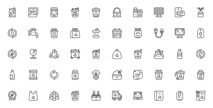 Recycling icon set. Minimalist thin line icons pack. Eco vector illustration. Featuring soda can, paper, plastic bottle, glass bottle, battery, recycle symbol, trash can, solar panel, wind turbine, co