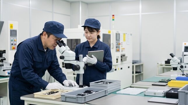 製造業の工場で実体顕微鏡を使った検査作業を若手女性にOJTで教育するベテラン男性作業員