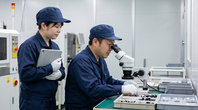 製造業の現場で顕微鏡を使った品質検査のOJT研修を行うベテラン男性と見学する若手女性