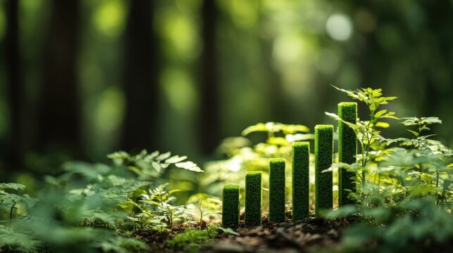 Vibrant green bar graph resembling plant stalks growing amidst lush foliage and vibrant natural surroundings, symbolizing growth and environmental sustainability