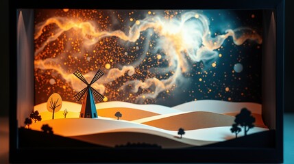 Obraz premium Papercraft scene depicts windmill, rolling hills, vibrant night sky. Stars, nebula create dreamy, layered effect. Warm colors dominate.