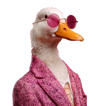 Stylish Duck in Sunglasses and Suit on Pink Background for Design Projects