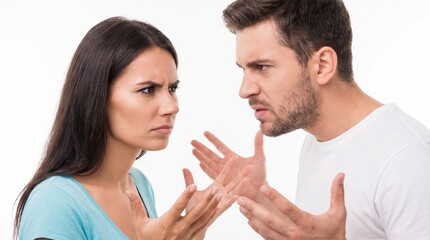 Naklejka premium A man and a woman are in a heated argument, gesturing with their hands and looking at each other with angry expressions.