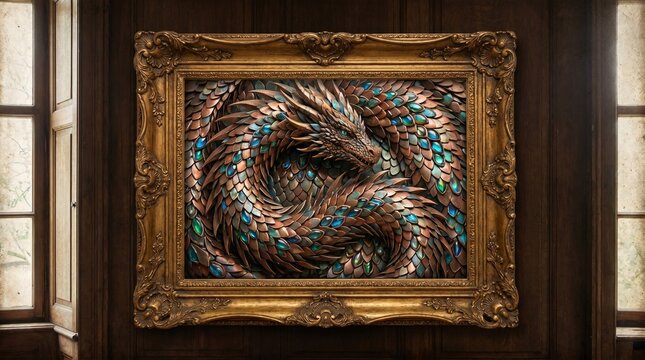 An intricately detailed painting of a coiled dragon with bronze and teal scales, displayed in an ornate golden frame on a dark wooden wall between two windows.