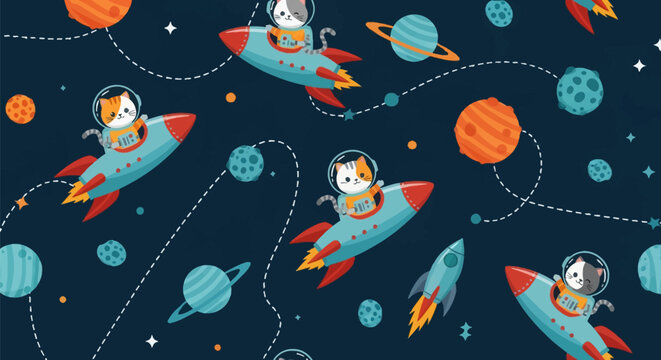 Seamless vector pattern with cute cartoon cats in astronaut helmets riding blue rockets through outer space surrounded by colorful planets, stars, and dashed orbital lines.