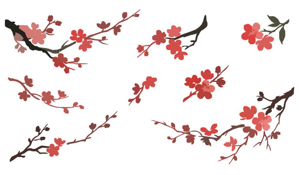 Minimal red plum blossom oriental clipart vector set isolated on white background