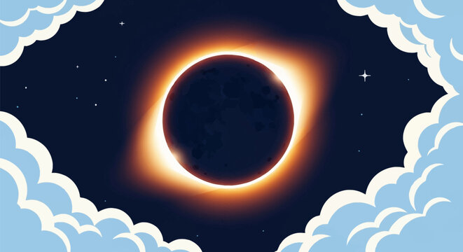 Vector illustration of a total solar eclipse with a glowing orange corona around a dark moon, set against a starry night sky framed by stylized white and blue clouds.