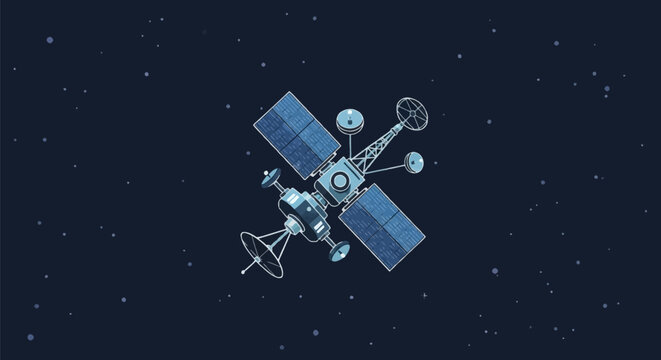 Detailed vector illustration of a modern orbital satellite featuring large blue solar arrays, multiple parabolic antennas, and communication sensors against a dark starry sky.