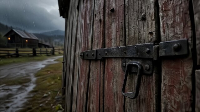 hasp. Weathered barn door with a heavy metal hasp swaying in a rainy atmosphere. real-estate listings, architecture portfolios, designed for architectural facade and classical detail presentations.