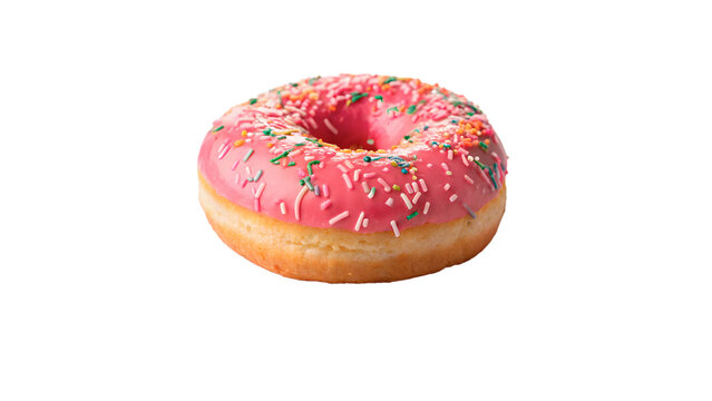 Sweet round donut or doughnut pastry with bright pink glaze frosting and colorful sugar sprinkles on transparent background