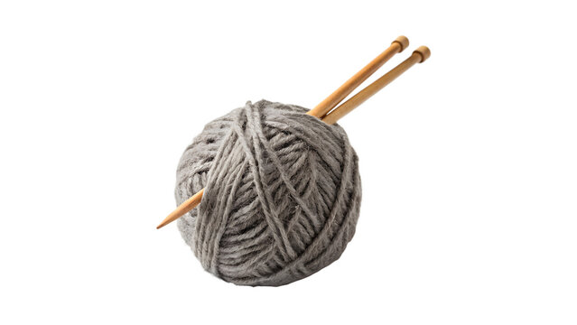 Small ball of grey woolen yarn with two metallic knitting needles for winter craft hobbies on transparent background