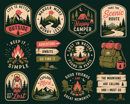 Collection of vintage-style camping and outdoor adventure badges featuring mountains, forests, campfires, tents, and inspirational slogans.