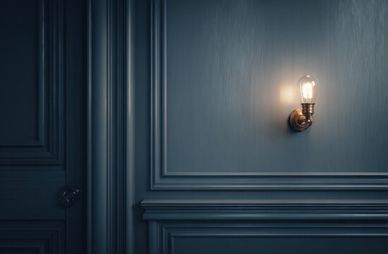 Wall lamp with antique brass finish casting warm light on a sophisticated dark blue wall with decorative molding