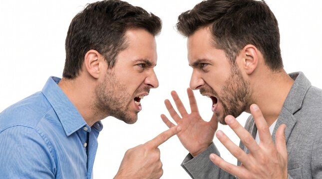 Two angry men arguing intensely, with one pointing and the other gesturing with open hands.