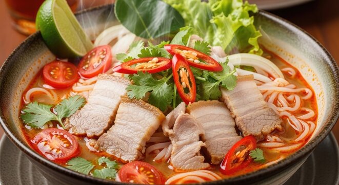 A bowl of steaming hot pho with a variety of fresh ingredients, including thinly sliced beef, bean sprouts, and fresh herbs, served in a clear glass bowl with a spoon resting on the rim.