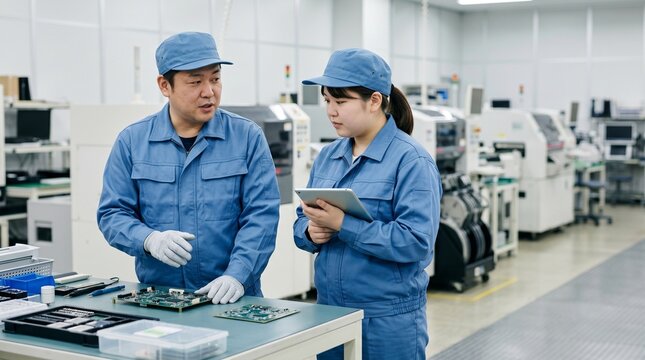 製造工場でベテラン作業員から基板検査のOJT教育を受ける青い作業服の女性スタッフ