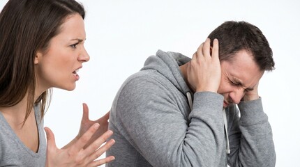 Obraz premium A woman angrily shouts at a man who covers his ears, showing distress and conflict in a relationship.
