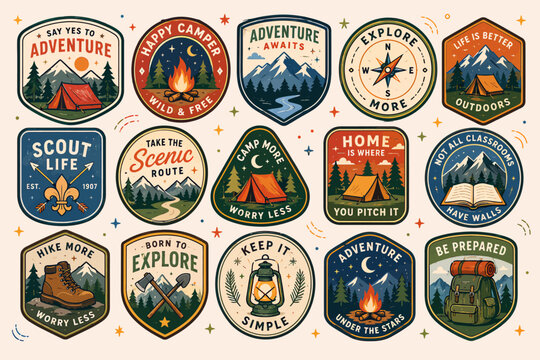 Collection of vintage adventure and exploration themed patches, badges, and emblems depicting outdoor scenes and motivational quotes
