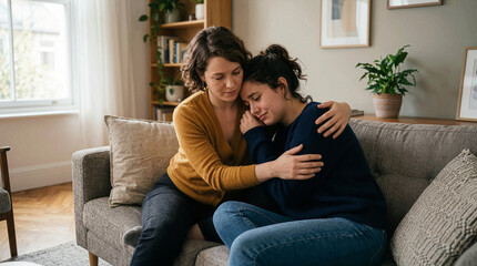 Fototapeta premium Compassionate woman hugging and comforting her crying friend on living room couch