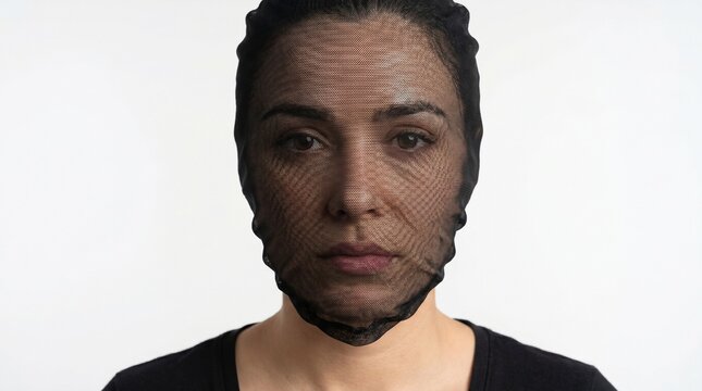 Close-up portrait of a woman with a serious expression, her face covered by a black mesh net against a plain white background.