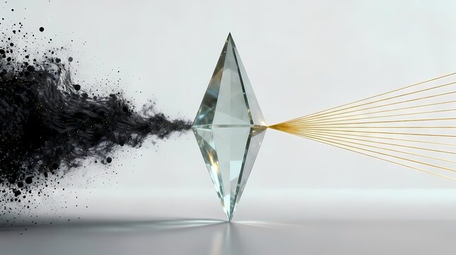 An abstract conceptual illustration of a crystal prism filtering dark chaotic particles into organized golden lines, symbolizing habit transformation.