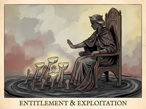 Dark symbolic illustration of entitlement and exploitation, showing a ruler ignoring desperate hands reaching for help, representing power imbalance, greed, oppression, privilege, and social injustice