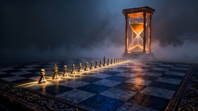 A conceptual illustration of golden chess pawns lined up on a chessboard with a glowing hourglass, symbolizing strategy and time management.