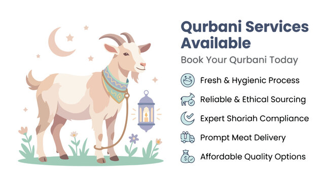 Qurbani services available banner for Eid al-Adha, Islamic goat sacrifice advertisement with Shariah compliance icons, religious meat delivery vector