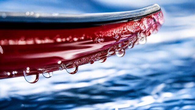 waterski. Close-up of a red waterski underside with water droplets on a blurred blue background. mobility guides, transit brochures, designed for transport & logistics marketing.