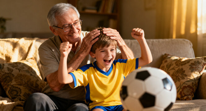 An endearing, candid moment capturing a smiling elderly man and his young grandson ecstatically celebrating a soccer match victory at home, sharing a heartwarming intergenerational bond over sport