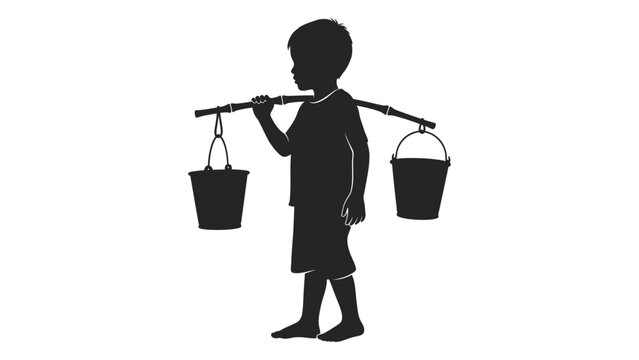 Silhouette of a boy carrying two buckets on a yoke black and white graphic