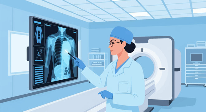 Medical professional radiologist pointing at digital chest x-ray scan on monitor in a hospital diagnostic room with CT scanner machine and medical equipment background.