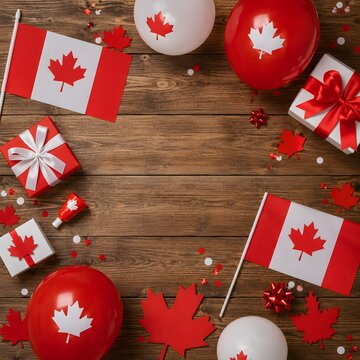 Canada Day Flat Lay Decoration with Canadian Flags Balloons and Gift Boxes on Wooden Background