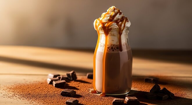 Glass bottle with chocolate milkshake dessert.